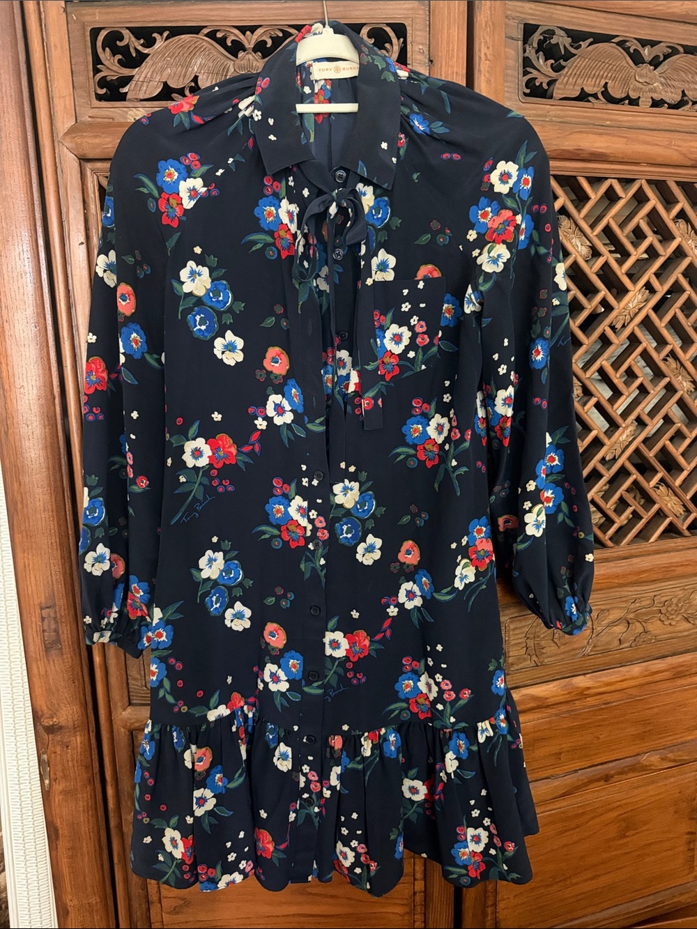 Tory Burch Navy Floral Tie-Neck Ruffle Hem Dress